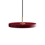 Slim disc LED pendant, 31cm, brass top, in ruby red