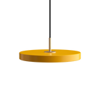 Slim disc LED pendant, 31cm, brass top, in saffron yellow