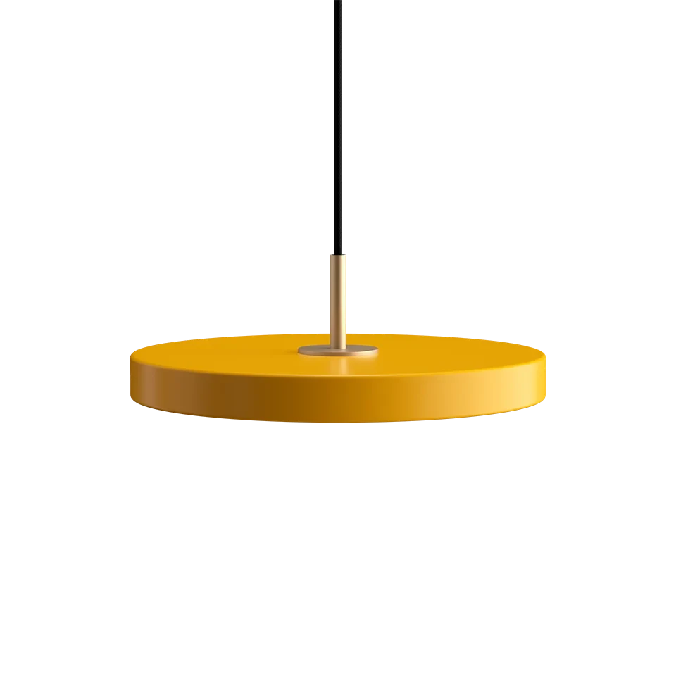 Slim disc LED pendant, 31cm, brass top, in saffron yellow
