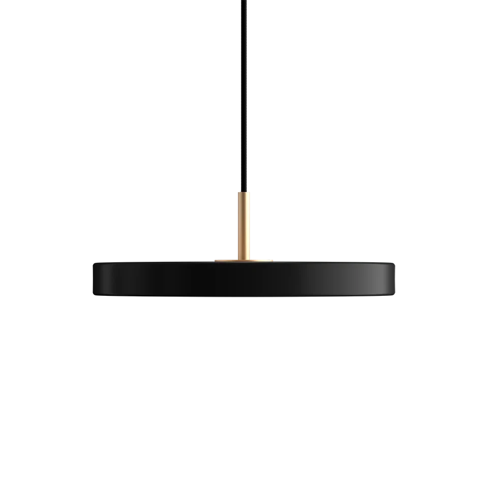 Slim disc LED pendant, 31cm, brass top, in black