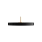 Slim disc LED pendant, 31cm, brass top, in black
