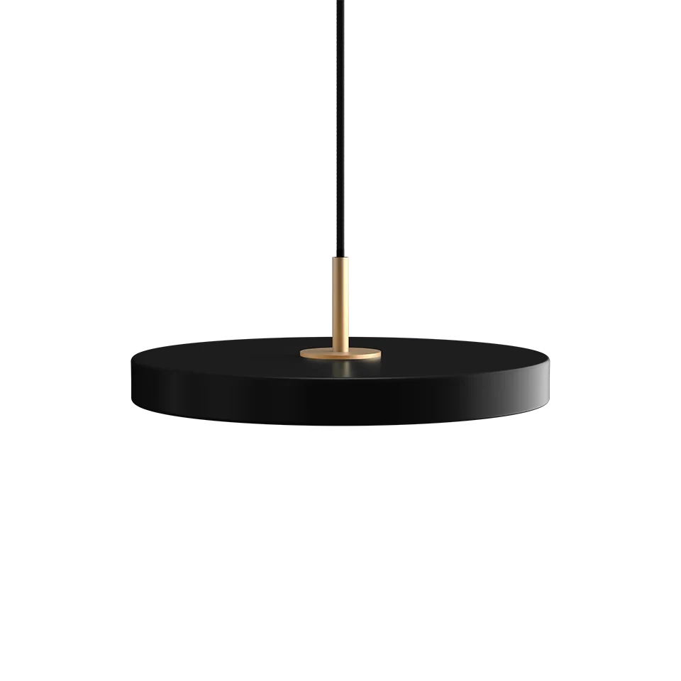 Slim disc LED pendant, 31cm, brass top, in black