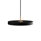 Slim disc LED pendant, 31cm, brass top, in black