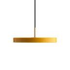 Slim disc LED pendant, 31cm, brass top, in saffron yellow