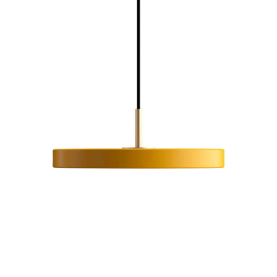 Slim disc LED pendant, 31cm, brass top, in saffron yellow