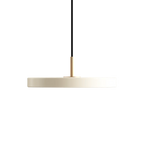 Slim disc LED pendant, 31cm, brass top, in pearl white