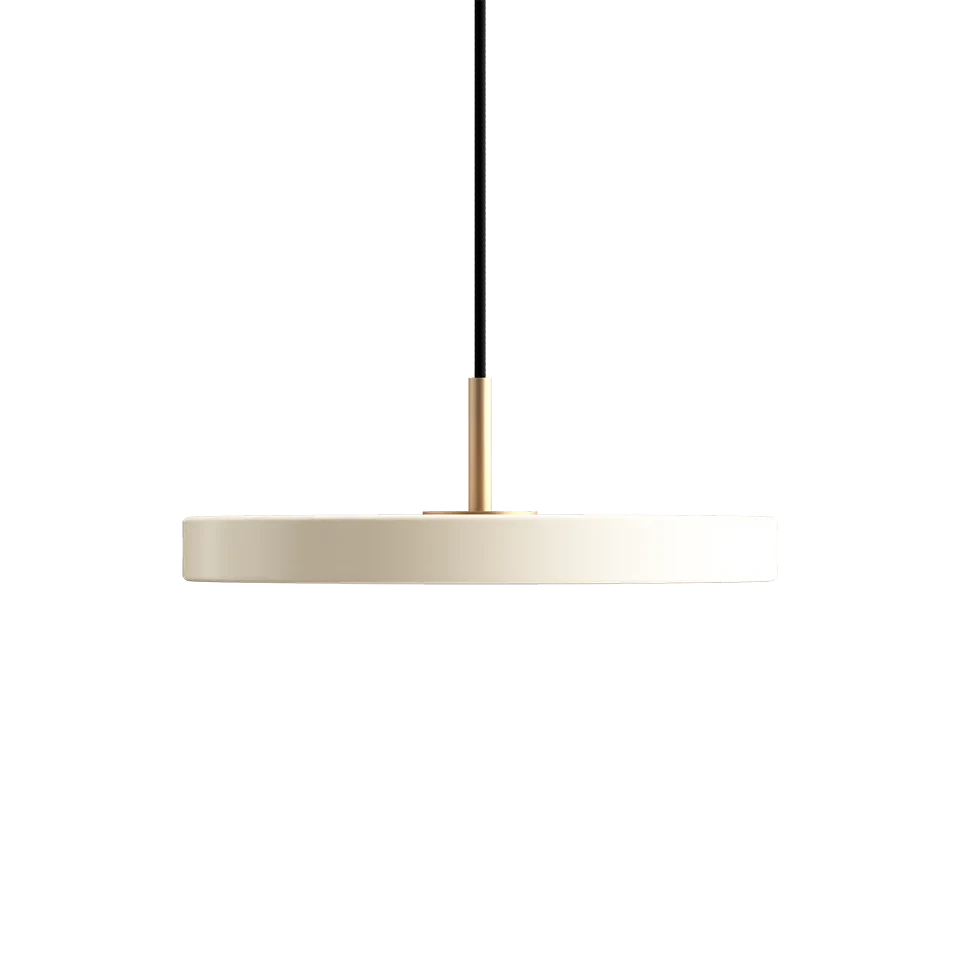 Slim disc LED pendant, 31cm, brass top, in pearl white