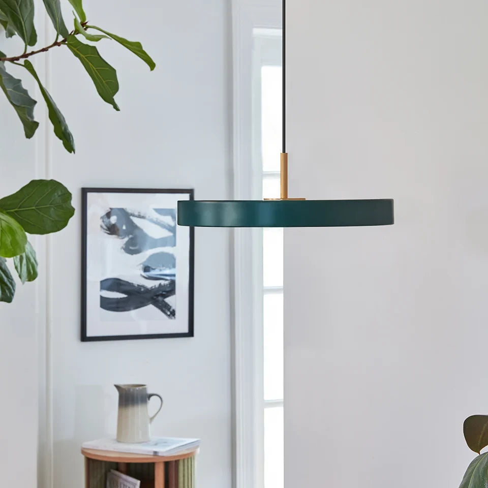 Slim disc LED pendant, 31cm, brass top, in forest green