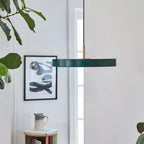 Slim disc LED pendant, 31cm, brass top, in forest green