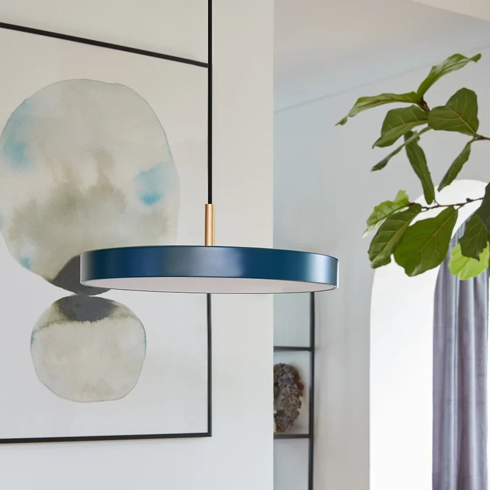 Slim disc LED pendant, 31cm, brass top, in petrol blue