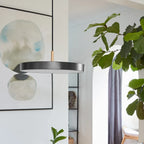 Slim disc LED pendant, 31cm, brass top, in anthracite grey