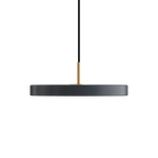 Slim disc LED pendant, 31cm, brass top, in anthracite grey