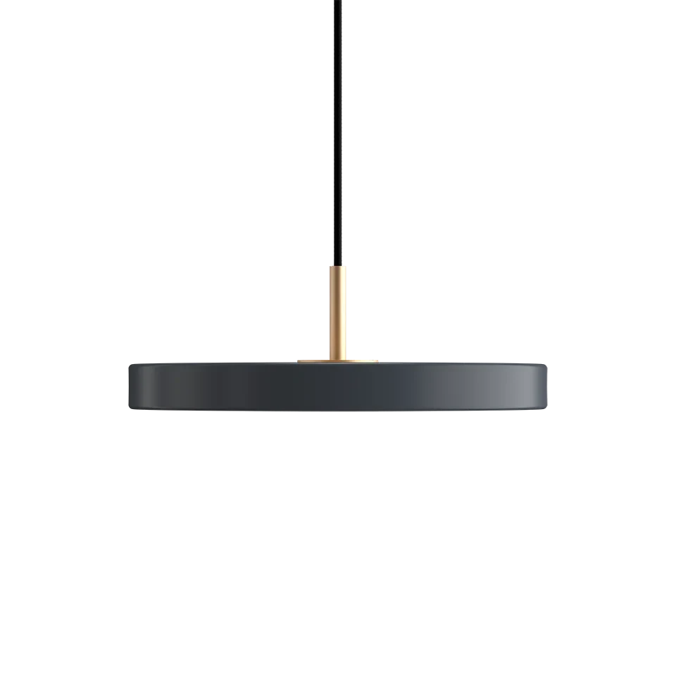 Slim disc LED pendant, 31cm, brass top, in anthracite grey