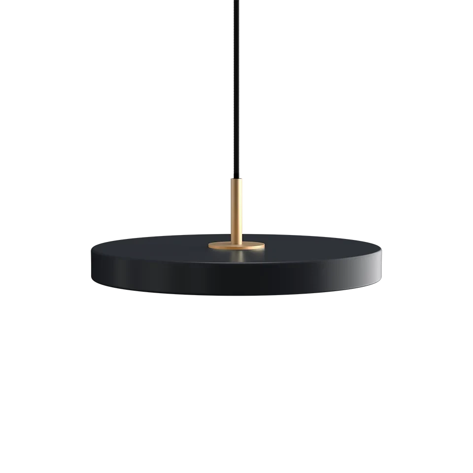Slim disc LED pendant, 31cm, brass top, in anthracite grey