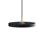 Slim disc LED pendant, 31cm, brass top, in anthracite grey
