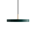 Slim disc LED pendant, 31cm, brass top, in forest green