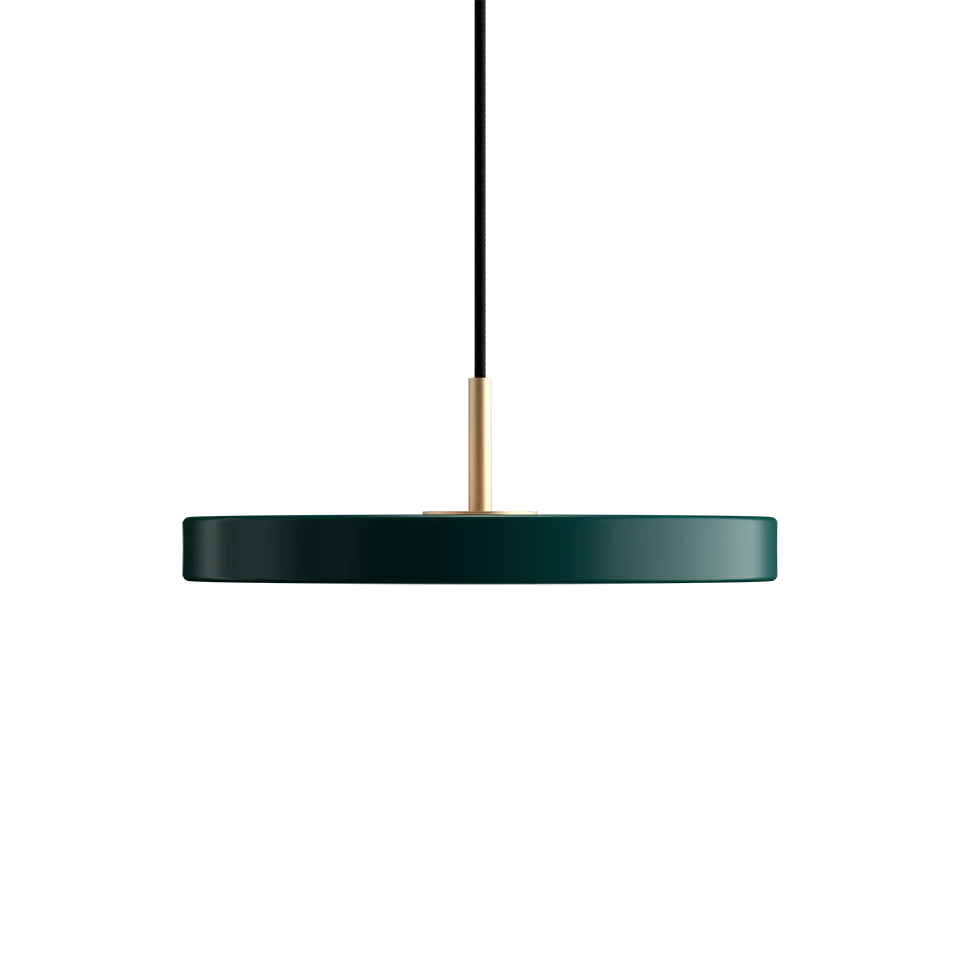 Slim disc LED pendant, 31cm, brass top, in forest green