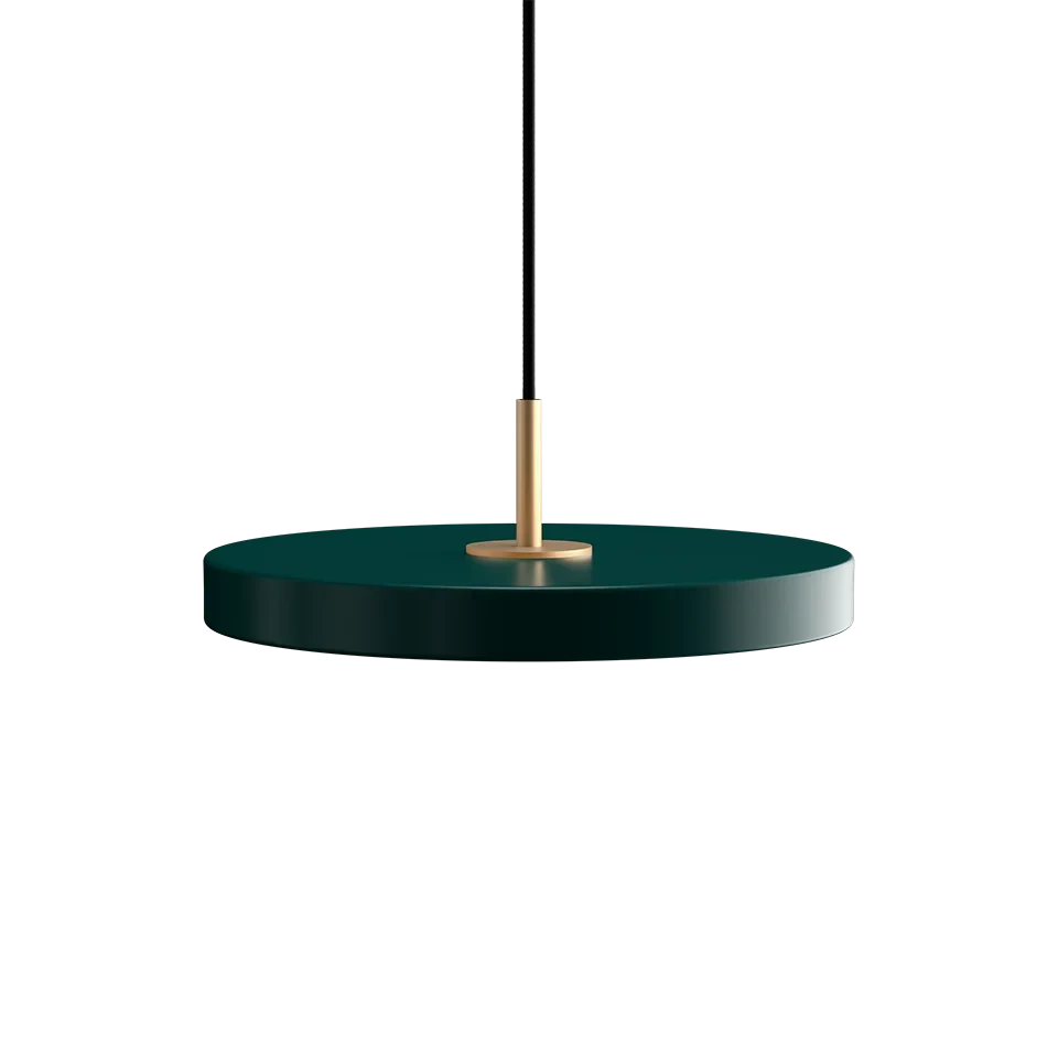 Slim disc LED pendant, 31cm, brass top, in forest green