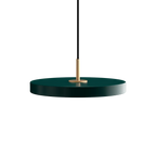 Slim disc LED pendant, 31cm, brass top, in forest green