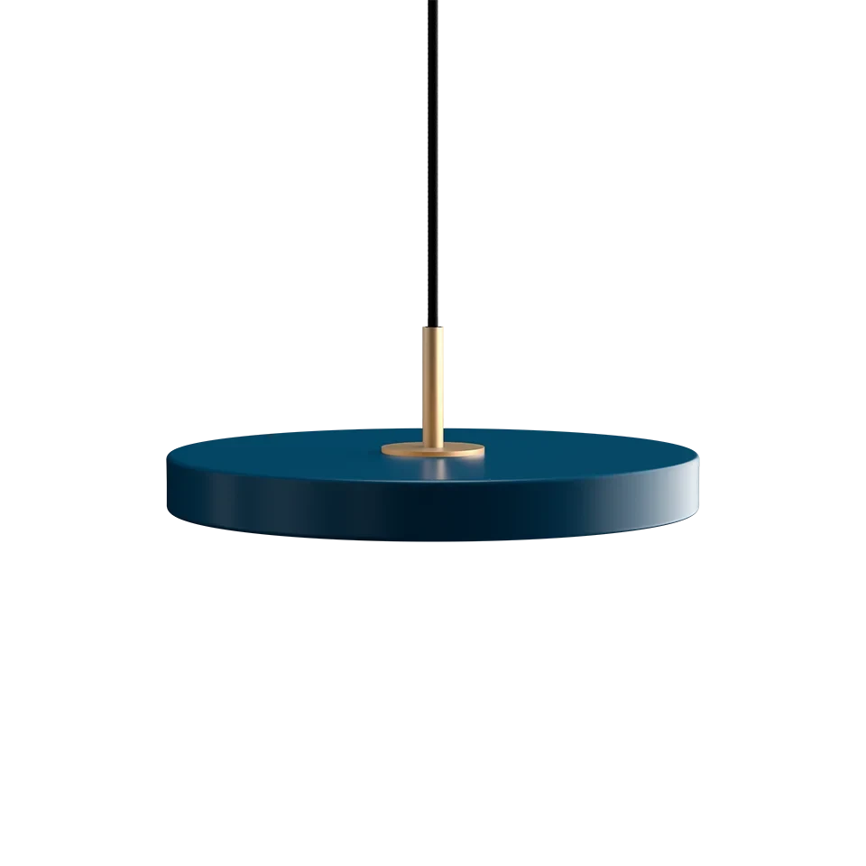 Slim disc LED pendant, 31cm, brass top, in petrol blue