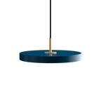 Slim disc LED pendant, 31cm, brass top, in petrol blue
