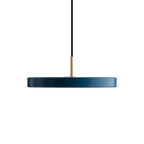 Slim disc LED pendant, 31cm, brass top, in petrol blue
