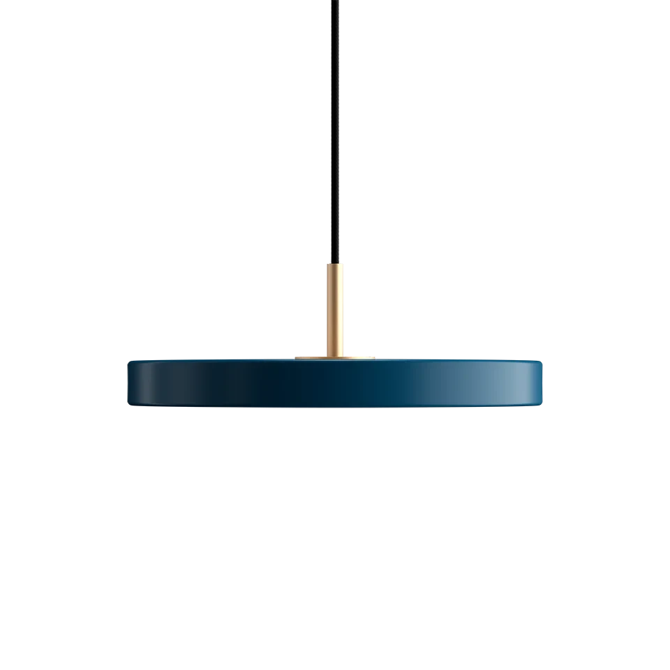 Slim disc LED pendant, 31cm, brass top, in petrol blue