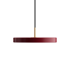 Slim disc LED pendant, 31cm, brass top, in ruby red
