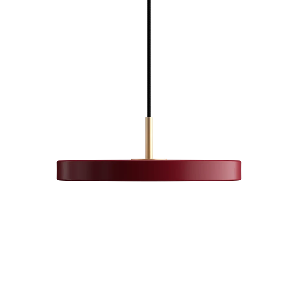 Slim disc LED pendant, 31cm, brass top, in ruby red