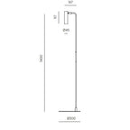 Slim reading floor lamp with small round head, dimension drawing