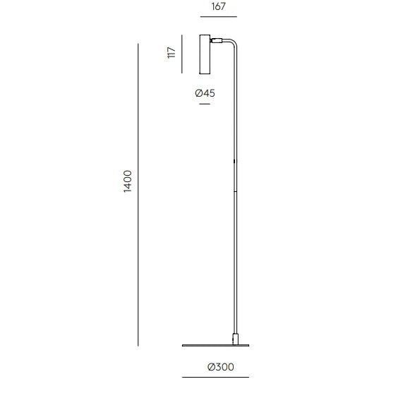 Slim reading floor lamp with small round head, dimension drawing