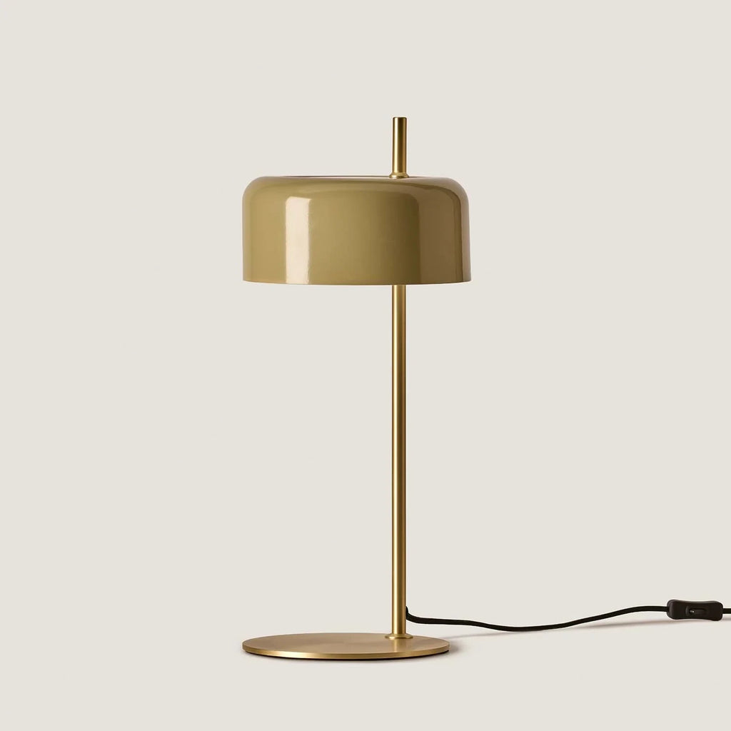 Slim stem table lamp with domed disc shade, in olive, with a brass frame