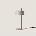 Slim stem table lamp with domed disc shade, in white, with a brass frame