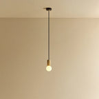 Small dim-to-warm globe pendant, oak, lit, against a plain wall