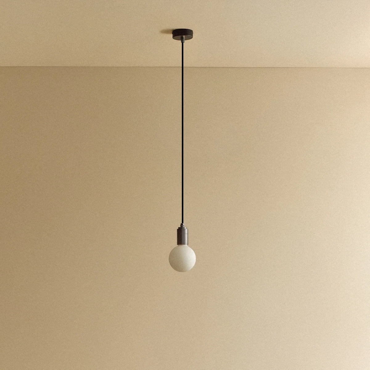 Small squat matte white glass pendant, graphite, unlit