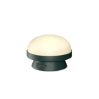 Cordless solar dome table lamp in forest green, lit