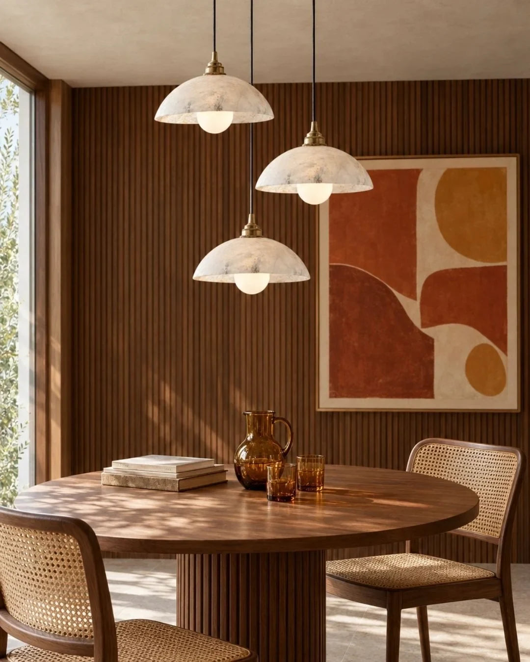 Solid marble dome pendant light, three above a dining table