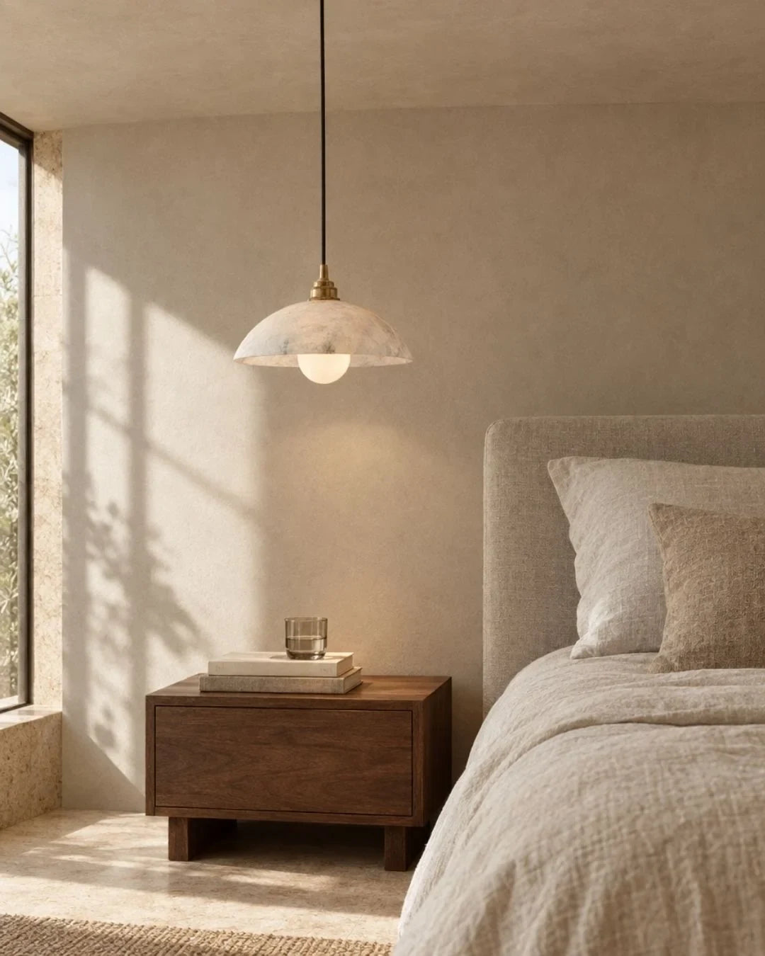 Solid marble dome pendant light, beside a bed
