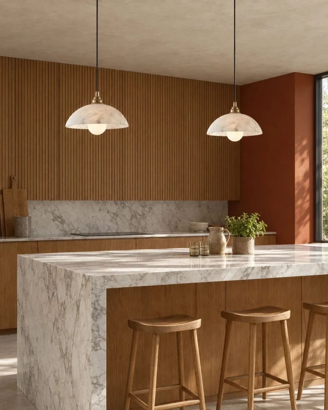 Solid marble dome pendant light, a pair above a kitchen island
