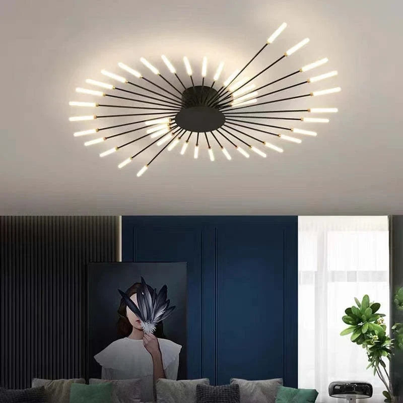 Starburst LED flush ceiling light, Black, 42W spiral, 128cm, Neutral White