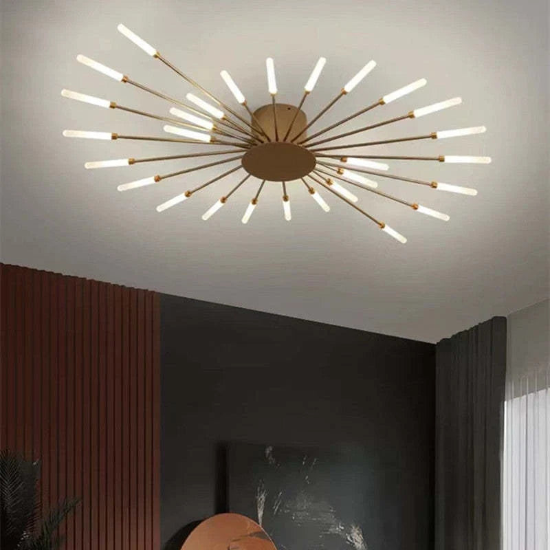 Starburst LED flush ceiling light, Gold, 28W spiral, 105cm, Neutral White