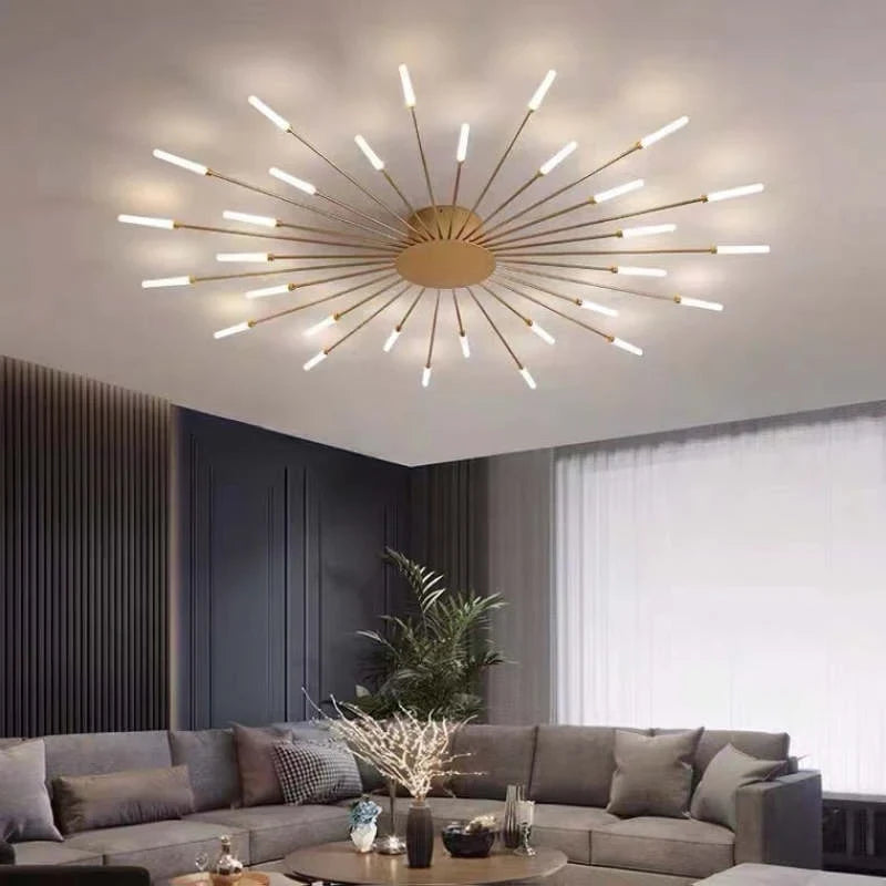 Starburst LED flush ceiling light, Gold, 30W, 128cm, Neutral White
