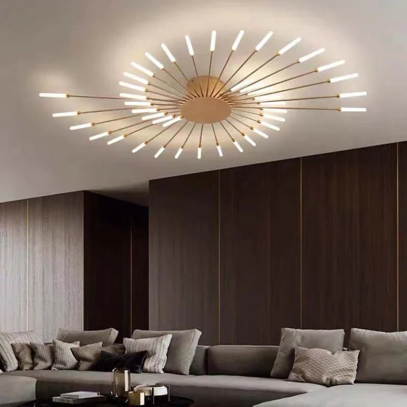 Starburst LED flush ceiling light, Gold, 42W spiral, 128cm, Neutral White