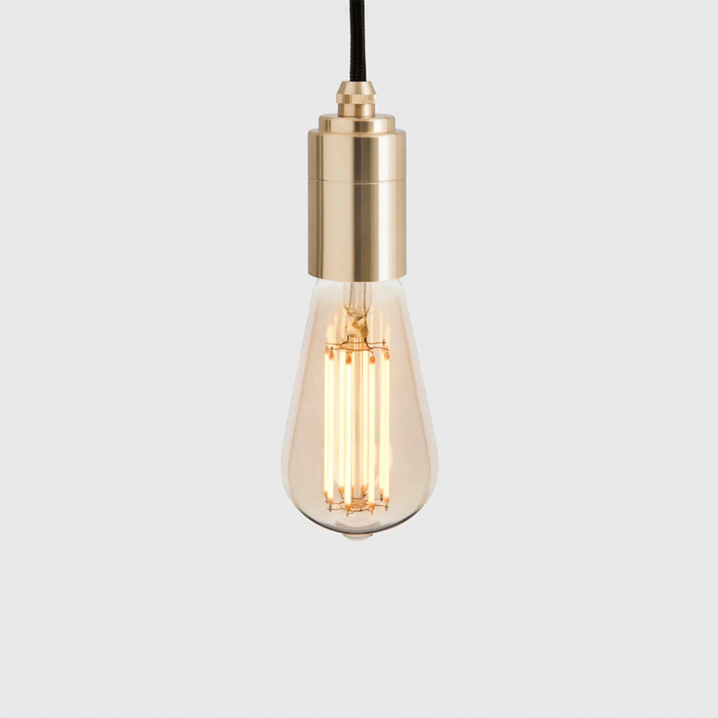 Squirrel cage filament plug-in pendant, close-up of the bulb and brass holder