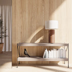Stacked ceramic rings table lamp, on a console table, closer view