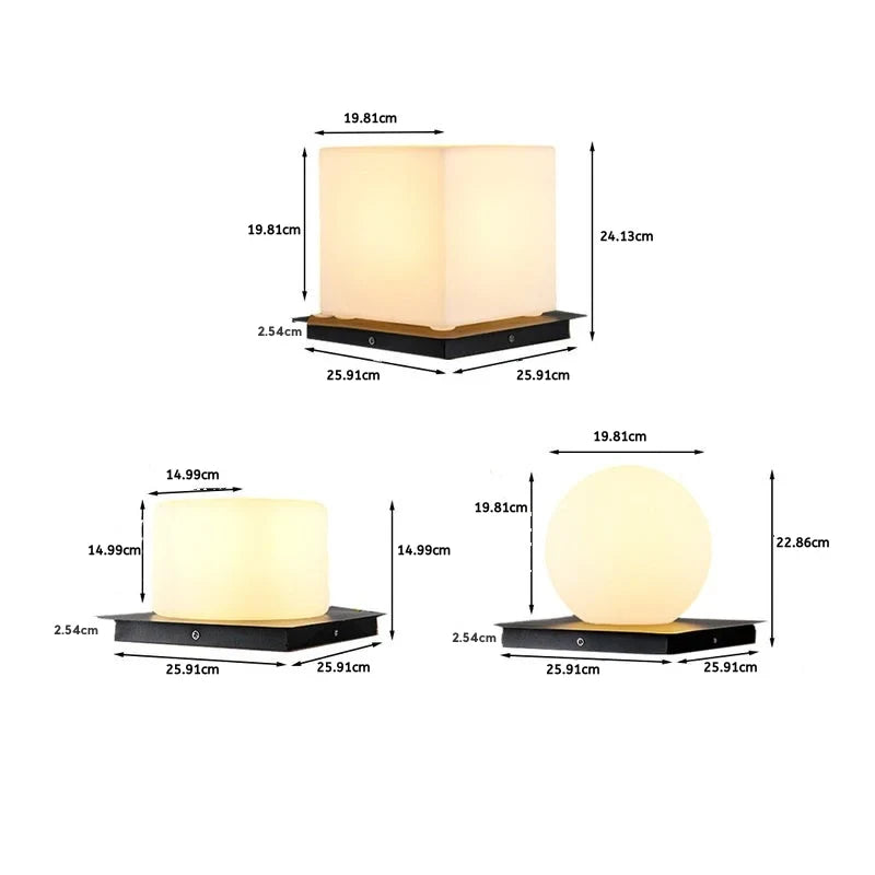 Outdoor pillar light, globe, cube and cylinder with measurements