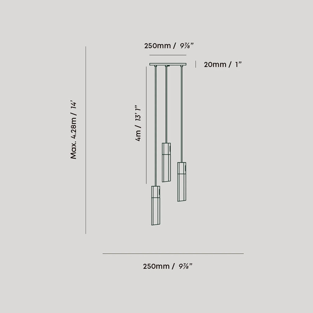 Three-drop cluster pendant in cast stainless steel with glass bulbs, dimension drawing