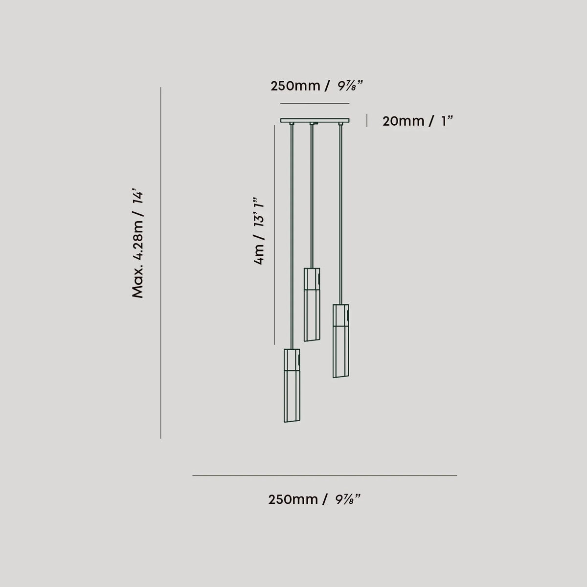 Three-drop cluster pendant in cast stainless steel with glass bulbs, dimension drawing