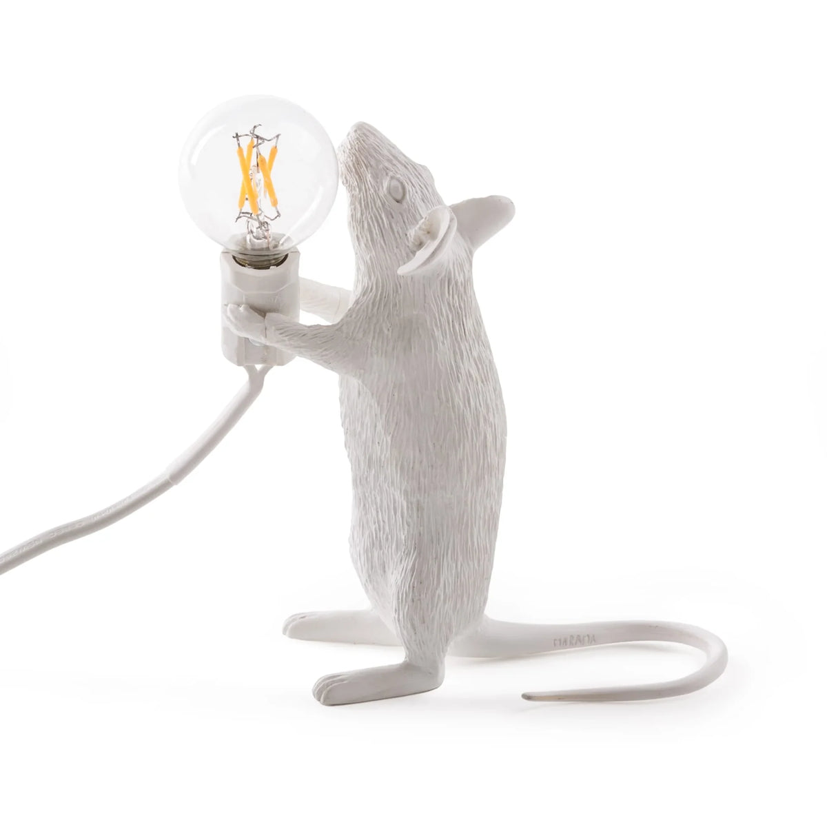 Standing white mouse table lamp holding a bulb, on a white background