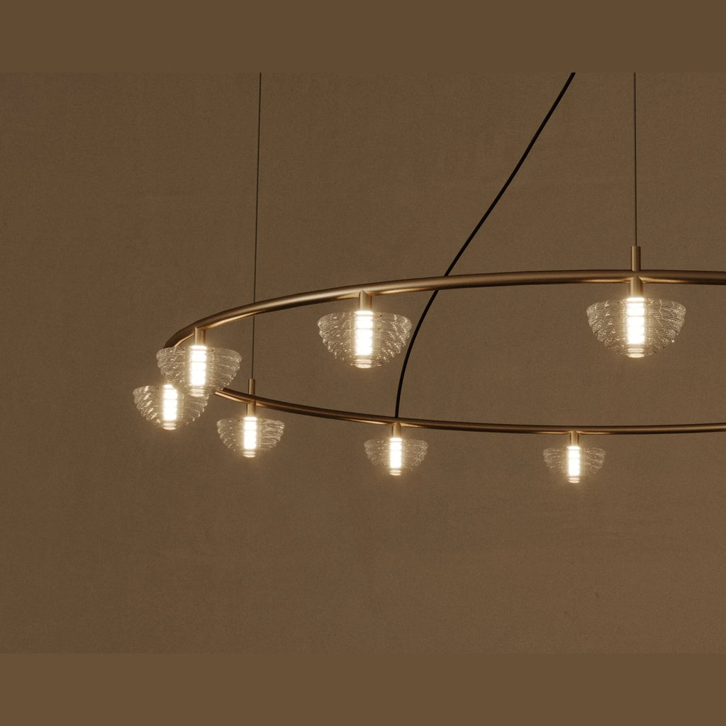Striped diffuser ring chandelier, lit, close-up of the diffusers